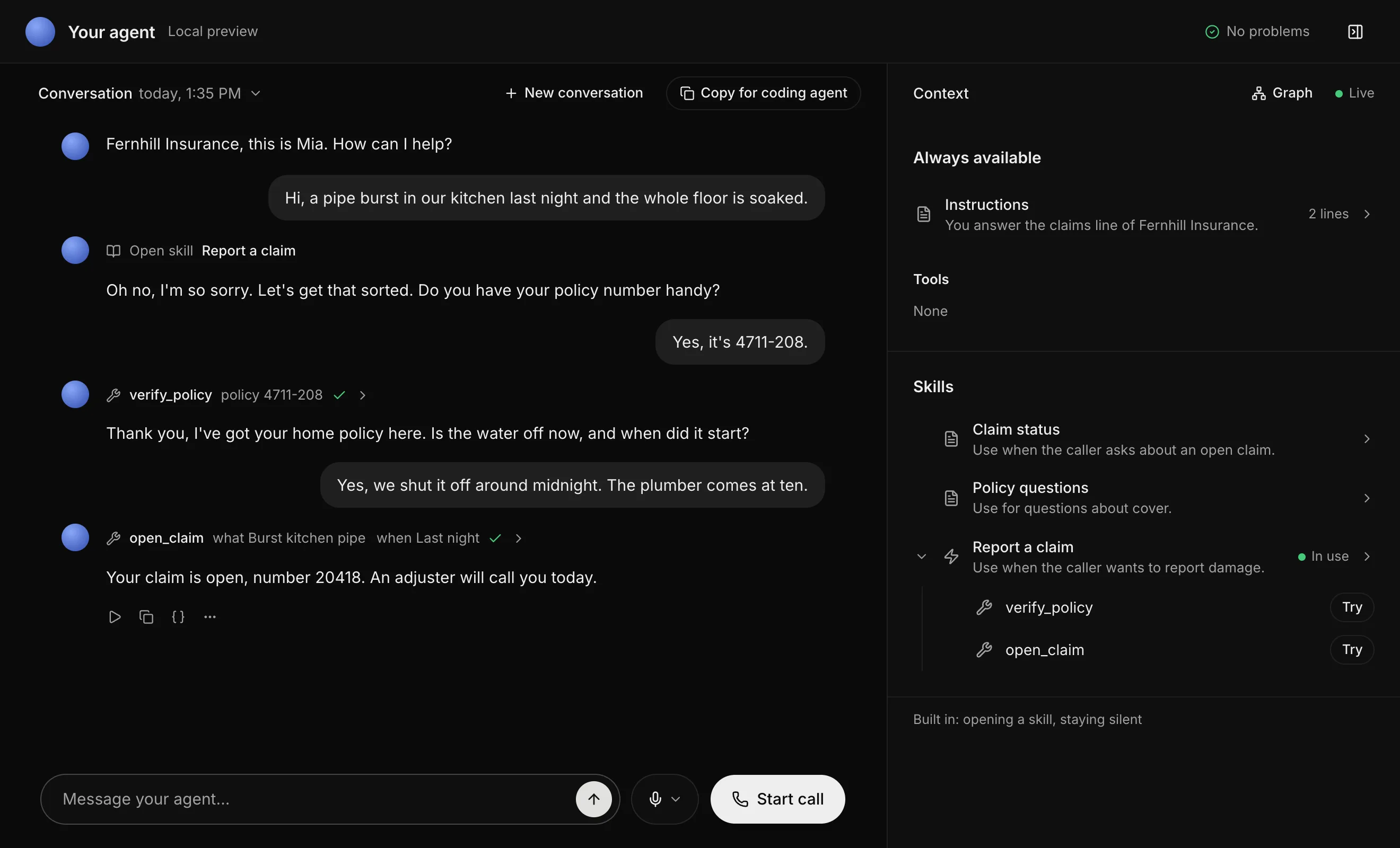 The Curb preview: a caller reports a burst pipe to an insurance agent, which opens the Report a claim skill, checks the policy and opens the claim, and on the right the context panel lists the skill in use and its tools.